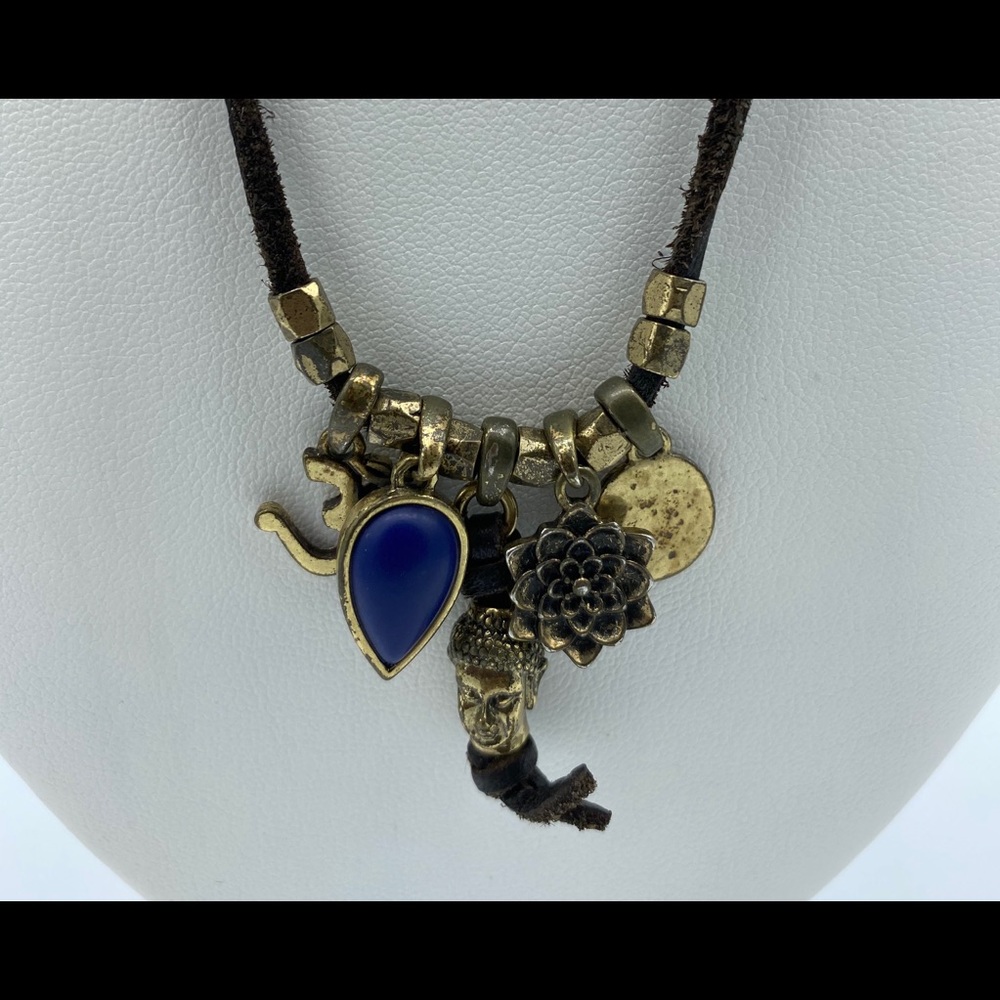 Lucky Brand leather Buddha lapis necklace goldtone
